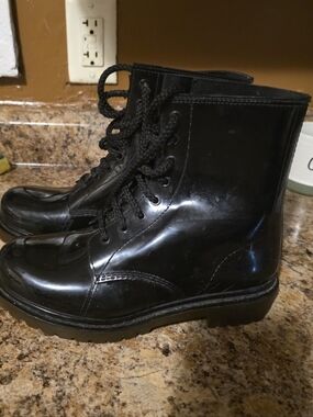 Glossy Black Lace-Up Rain Boots